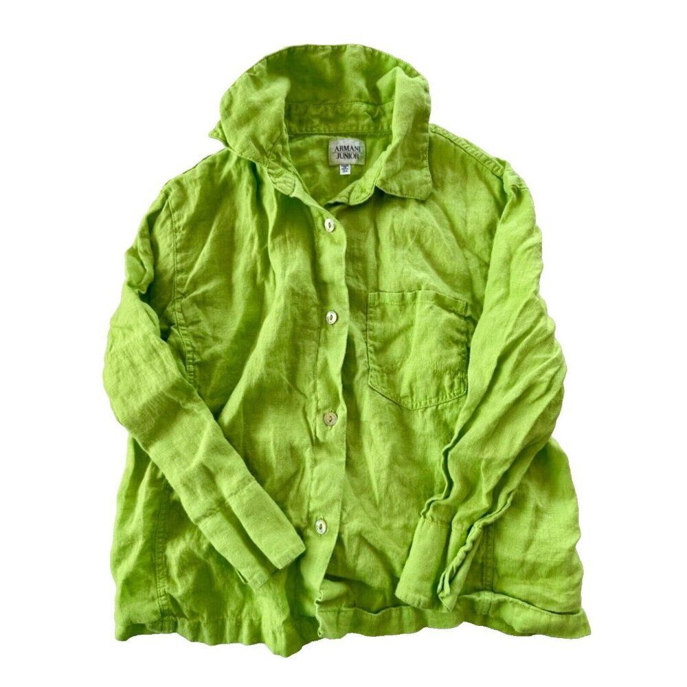 Armani Junior Made in Italy Green Linen Youth Size 34 Button Down Top
